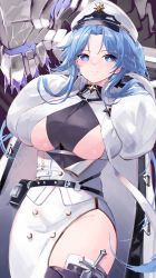 Rule 34 | 1girl, absurdres, azur lane, belt, belt pouch, between breasts, black belt, black undershirt, blue eyes, blue hair, breasts, closed mouth, coat, coat on shoulders, collared shirt, commentary request, dagger, eyes visible through hair, hands up, highres, huge breasts, knife, long hair, long sleeves, looking at viewer, o-ring, o-ring belt, open clothes, open shirt, parted bangs, pouch, puffy sleeves, revealing clothes, sakkama, shirt, side slit, sidelocks, skirt, skirt set, smile, solo, sovetskaya belorussiya (azur lane), underboob, very long hair, weapon, white coat, white headwear, white shirt, white skirt