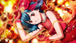 Rule 34 | 1girl, ahoge, armpits, bracelet, breasts, cleavage, dress, game cg, gloves, green hair, hair ornament, jewelry, macross, macross frontier, official art, ranka lee, red dress, red eyes, red gloves, see-through, sleeveless, sleeveless dress, smile, solo, string, string of fate, uta macross sumaho deculture