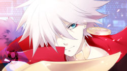 Rule 34 | 1boy, bishounen, blue eyes, cape, close-up, countdown, danemaru, earrings, eyeliner, fate/extra, fate/extra ccc, fate/grand order, fate (series), fur cape, hair over one eye, high collar, high coloar, jewelry, karna (fate), makeup, male focus, single earring, solo, white hair