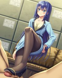 Rule 34 | 1boy, 1girl, asisuki, black footwear, blue eyes, blue hair, blue shirt, blue skirt, blush, business suit, couch, earrings, engage kiss, footjob, formal, hand on own hip, high heels, highres, jewelry, necklace, ogata shuu, pantyhose, pencil skirt, penis, shirt, shoejob, simple background, skirt, suit, thighs, yuugiri ayano