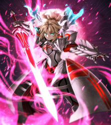Rule 34 | 1girl, ahoge, aqua eyes, armor, armored boots, armored dress, blonde hair, boots, breastplate, broken, clarent (fate), closed mouth, explosion, fate/apocrypha, fate/grand order, fate (series), faulds, fighting stance, gauntlets, glowing, glowing eyes, glowing sword, glowing weapon, highres, holding, holding sword, holding weapon, kurobuchi numama, legs apart, long hair, looking at viewer, mordred (fate), mordred (fate/apocrypha), outstretched arms, pauldrons, ponytail, revision, shoulder armor, smile, solo, standing, sword, weapon