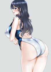 Rule 34 | 1girl, ass, black eyes, black hair, breasts, competition swimsuit, from above, from behind, grey background, highleg, highleg swimsuit, highres, large breasts, leaning forward, looking at viewer, one-piece swimsuit, original, shiromitsu suzaku, simple background, solo, swimsuit, two-tone swimsuit, white one-piece swimsuit