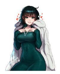 Rule 34 | 1girl, black dress, black hair, blushyspicy, breasts, collarbone, commentary, dress, english commentary, fubuki (one-punch man), green eyes, green hair, grin, hands up, heart, large breasts, lips, long sleeves, looking at viewer, one-punch man, short hair, simple background, smile, solo, teeth, transparent background