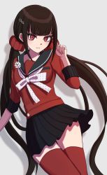 Rule 34 | 1girl, absurdres, arironpawa, black sailor collar, black skirt, blunt bangs, bow, breasts, brown hair, closed mouth, commentary request, cowboy shot, danganronpa (series), danganronpa v3: killing harmony, fang, grey background, hair ornament, hair scrunchie, hairclip, hand up, harukawa maki, highres, long hair, looking at viewer, low twintails, medium breasts, miniskirt, mole, mole under eye, pleated skirt, red eyes, red scrunchie, red shirt, red thighhighs, sailor collar, school uniform, scrunchie, shirt, simple background, skin fang, skirt, solo, star (symbol), star print, thighhighs, twintails, white bow