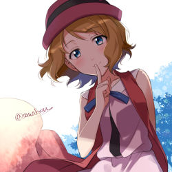 Rule 34 | 1girl, arm behind back, black ribbon, blue eyes, blue ribbon, blush, brown hair, closed mouth, creatures (company), finger to mouth, game freak, hat, hat ribbon, index finger raised, kanimaru, looking at viewer, neck ribbon, nintendo, pink hat, pink shirt, pink skirt, pokemon, pokemon (anime), pokemon xy (anime), ribbon, serena (pokemon), shirt, short hair, simple background, skirt, sleeveless, sleeveless shirt, smile, solo, standing, twitter username, white background