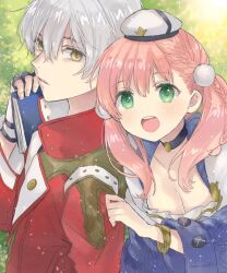 Rule 34 | 1boy, 1girl, atelier (series), atelier escha &amp; logy, black choker, book, bracelet, braid, breasts, choker, cleavage, clothes grab, collarbone, dot nose, escha malier, fingerless gloves, gloves, green eyes, hair between eyes, hair ornament, hani (udauda), hat, holding, holding book, jacket, jewelry, logix ficsario, long hair, looking at viewer, medium breasts, mini hat, open mouth, pink hair, pom pom (clothes), pom pom hair ornament, red jacket, short hair, sleeve grab, teeth, twintails, upper teeth only, white gloves, white headwear, yellow eyes