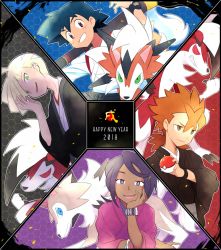 Rule 34 | 1girl, 2018, 3boys, ahoge, alternate costume, ame (ame025), ash ketchum, black wristband, blonde hair, bracelet, brown eyes, closed mouth, commentary request, creatures (company), cross (pokemon), dark-skinned female, dark skin, game freak, gen 7 pokemon, gladion (pokemon), green eyes, grin, hand up, happy new year, holding, holding poke ball, jewelry, long hair, looking at viewer, lycanroc, lycanroc (dusk), lycanroc (midday), lycanroc (midnight), multiple boys, new year, nintendo, olivia (pokemon), orange hair, outline, poke ball, poke ball (basic), pokemon, pokemon (anime), pokemon (creature), pokemon sm (anime), pokemon the movie: i choose you!, short hair, smile, teeth