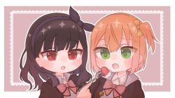 Rule 34 | 2girls, :o, amamiya sophia seren, assault lily, black bow, black hair, black hairband, blush, border, bow, bow hairband, bowtie, brown background, brown jacket, buttons, chibi, collared shirt, commentary request, feeding, food, fork, fruit, green eyes, hair bow, hairband, hand up, highres, holding, holding fork, jacket, kuroki francisca yuria, lace, lace border, looking at another, looking at food, medium hair, multiple girls, nose blush, one side up, open mouth, orange hair, ornate border, outline, outside border, red bow, red bowtie, red eyes, school uniform, shirt, short hair, side-by-side, sparkle, strawberry, sweatdrop, upper body, whipped cream, white border, white outline, white shirt, yellow bow, yubari lemon (lemonlilie)