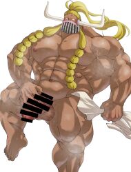 Rule 34 | 1boy, abs, absurdres, bar censor, bara, beard, blonde hair, blush, braid, braided beard, censored, completely nude, facial hair, flaccid, gluteal fold, highres, huge pectorals, jack (one piece), kanimiso (jin mochi be), large horns, long beard, long hair, male focus, mask, mouth mask, muscular, muscular male, navel, nipples, nude, one piece, solo, spread legs, steaming body, strongman waist, thick thighs, thighs, very long beard