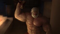 Rule 34 | 1boy, a0secret, bara, beard, blacksmith, facial hair, fire light, full beard, glowing hot, hammer, highres, holding, holding hammer, large pectorals, looking down, male focus, mature male, muscular, muscular male, nipples, old, old man, overwatch, partially blind, pectorals, reinhardt (overwatch), scar, scar across eye, short hair, strongman waist, thick beard, topless male, upper body, white hair, wrinkled skin