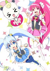 Rule 34 | &gt; &lt;, 10s, 2girls, :d, aino megumi, blue eyes, blue hair, blue skirt, blue thighhighs, boots, bow, brooch, closed eyes, crown, cure lovely, cure princess, double v, earrings, eyelashes, hair ornament, happinesscharge precure!, happy, heart, heart brooch, heart hair ornament, high heels, jewelry, long hair, looking at viewer, magical girl, multiple girls, nekota susumu, open mouth, pink bow, pink eyes, pink hair, pink skirt, ponytail, precure, puffy sleeves, ribbon (happinesscharge precure!), shirayuki hime, shirt, skirt, smile, thigh boots, thighhighs, thighs, twintails, v, wide ponytail, wrist cuffs, xd