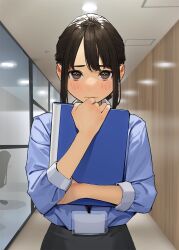 Rule 34 | 1girl, black skirt, blue shirt, blush, brown eyes, brown hair, closed mouth, commentary request, douki-chan (douki-chan), eye reflection, ganbare douki-chan, hall, highres, holding, id card, indoors, lanyard, long sleeves, looking at viewer, reflection, shirt, short hair, sidelocks, skirt, solo, straight-on, yomu (sgt epper)