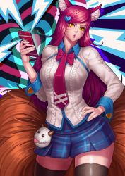 Rule 34 | 1girl, academy ahri, ahri (league of legends), animal ears, aran sweater, blue eyes, blue skirt, blush, breasts, brown eyes, cable knit, cellphone, female focus, fox ears, fox tail, from side, gonster, hair ornament, twirling hair, head tilt, heart, heart hair ornament, highres, holding, holding phone, horns, kitsune, league of legends, long hair, long sleeves, looking at viewer, medium breasts, multiple tails, necktie, parted lips, phone, pink hair, pink necktie, poro (league of legends), realistic, shirt, skirt, smartphone, solo, sweater, swept bangs, tail, thighhighs