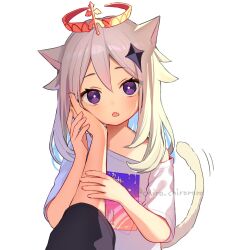 Rule 34 | 1girl, 1other, :o, animal ears, caress, cat ears, cat girl, cat tail, chiroron, fang, genshin impact, halo, hand on another&#039;s arm, hand on another&#039;s cheek, hand on another&#039;s face, highres, kemonomimi mode, mechanical halo, medium hair, off shoulder, open mouth, oversized clothes, oversized shirt, paimon (genshin impact), pov, pov hands, purple eyes, shirt, short sleeves, single bare shoulder, skin fang, tail, white hair, white shirt