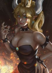 Rule 34 | 1girl, armlet, azidfaizi11, bad id, bad twitter id, black collar, black dress, black nails, blonde hair, blue eyes, borrowed design, bowsette, bracelet, breasts, cleavage, collar, commentary, crown, dress, earrings, fiery background, fingernails, fire, highres, horns, jewelry, large breasts, mario (series), nail polish, new super mario bros. u deluxe, nintendo, pointy ears, sharp fingernails, sharp teeth, solo, spiked armlet, spiked bracelet, spiked collar, spikes, strapless, strapless dress, super crown, teeth
