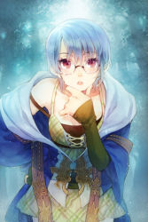 Rule 34 | 1girl, arm warmers, bad id, bad pixiv id, blue hair, esprit (sword girls), forest, glasses, hakou (barasensou), hand on own hip, head rest, leaning forward, looking at viewer, lowres, nature, off shoulder, plaid, plaid skirt, red eyes, short hair, skirt, solo, sword girls