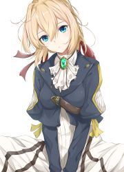 Rule 34 | 10s, 1girl, ascot, blonde hair, blue eyes, bow, brooch, commentary request, hair bow, hair ribbon, highres, hoshimiya mashiro, jewelry, long hair, looking at viewer, revision, ribbon, simple background, solo, violet evergarden, violet evergarden (series), white background, wind