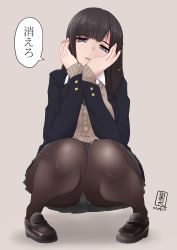 Rule 34 | 1girl, artist name, black footwear, black hair, black pantyhose, blazer, blue eyes, braid, breasts, brown background, cardigan, collared shirt, dated, full body, grey skirt, half-closed eyes, hands on own cheeks, hands on own face, jacket, knees together feet apart, kuroinu momotarou, large breasts, loafers, long hair, looking at viewer, original, panties, panties under pantyhose, pantyhose, parted lips, pigeon-toed, pleated skirt, school uniform, shirt, shoes, signature, simple background, skirt, solo, speech bubble, squatting, teeth, underwear, white shirt