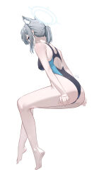 Rule 34 | 1girl, absurdres, animal ear fluff, animal ears, ass, bare arms, bare shoulders, barefoot, blue archive, blue eyes, blue halo, breasts, commentary request, competition swimsuit, cross hair ornament, dongye1551, extra ears, from behind, full body, grey hair, hair ornament, halo, highres, looking at viewer, looking back, low twintails, medium breasts, official alternate costume, one-piece swimsuit, ponytail, shiroko (blue archive), shiroko (swimsuit) (blue archive), short hair, simple background, sitting, solo, swimsuit, thighs, twintails, white background, wolf ears