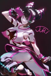 Rule 34 | 1girl, anklet, aqua eyes, aqua nails, black background, black gloves, black hair, bokkusu, bracelet, breasts, character name, collar, collarbone, commentary request, cone hair bun, fingerless gloves, gloves, glowing, glowing eye, hair bun, hair horns, han juri, heterochromia, holding, holding phone, jewelry, large breasts, looking at viewer, multicolored hair, nail polish, phone, pink eyes, pink hair, smile, solo, spiked anklet, spiked bracelet, spiked collar, spikes, streaked hair, street fighter, street fighter 6