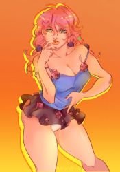 Rule 34 | 1girl, bare shoulders, breasts, cleavage, green eyes, hair ornament, highres, hirose yasuho, jojo no kimyou na bouken, jojolion, large breasts, long hair, nightyseven777, panties, pink hair, skirt, spaghetti strap, thick lips, thick thighs, thighs, underwear, upskirt