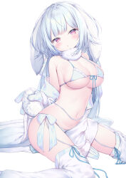 Rule 34 | 1girl, animal ears, bare shoulders, between legs, bikini, blue bikini, breasts, chain, cleavage, floppy ears, frilled bikini, frills, front-tie bikini top, front-tie top, halterneck, highres, jacket, large breasts, long hair, long sleeves, looking at viewer, navel, off shoulder, open clothes, open jacket, original, parted lips, pink eyes, rabbit ears, rabbit tail, side-tie bikini bottom, sitting, solo, stomach, string bikini, swimsuit, tail, thick eyebrows, thighhighs, thighs, topia, wariza, white hair, white thighhighs