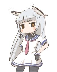 Rule 34 | 10s, :c, alternate headwear, blush, commentary request, crop top, dress, eyebrows, fish, gloves, hair ornament, hair ribbon, inishie, kantai collection, long hair, murakumo (kancolle), necktie, orange eyes, pantyhose, red necktie, ribbon, sailor dress, saury, silver hair, solo, thighband pantyhose
