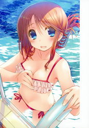Rule 34 | 1girl, absurdres, amazuyu tatsuki, bikini, blue eyes, blush, breasts, brown hair, cleavage, collarbone, eyes visible through hair, folded ponytail, frilled bikini, frills, hair up, highres, komaki manaka, looking at viewer, medium breasts, navel, official art, open mouth, pool, pool ladder, scan, sidelocks, solo, swimsuit, to heart (series), to heart 2, water, wavy mouth