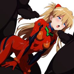 Rule 34 | 1girl, 3boys, :o, age difference, batta 16-sei, bodysuit, breasts, brown hair, dark-skinned male, dark skin, erection, hetero, highres, imminent penetration, interface headset, long hair, medium breasts, multiple boys, neon genesis evangelion, on person, penis, plugsuit, red bodysuit, shadow, shiny clothes, signature, simple background, souryuu asuka langley, two side up, white background