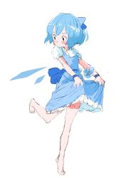 Rule 34 | 1girl, bare legs, barefoot, blue dress, blue hair, bow, cirno, clothes lift, dress, dress grab, dress lift, full body, hair bow, motsuni (artist), puffy short sleeves, puffy sleeves, short hair, short sleeves, simple background, skirt hold, solo, standing, standing on one leg, tiptoes, touhou, white background