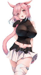 Rule 34 | 1girl, animal ears, warrior of light (ff14), blush, breasts, cat ears, cat girl, cat tail, detached collar, double bun, facial mark, final fantasy, final fantasy xiv, hair bun, highres, hime gyo, large breasts, looking at viewer, miqo&#039;te, navel, open mouth, pink eyes, pink hair, pink tail, pleated skirt, short hair, simple background, skirt, smile, solo, tail, thighhighs, thighs, white background, white thighhighs