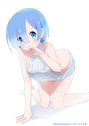 Rule 34 | 10s, 1girl, 2017, absurdres, all fours, artist name, ass, backless outfit, barefoot, blue eyes, blue hair, blush, breasts, butt crack, commentary request, covering own mouth, dated, dress, hair ornament, highres, knees together feet apart, looking at viewer, meme attire, naked sweater, neki (wakiko), re:zero kara hajimeru isekai seikatsu, rem (re:zero), short hair, sideboob, solo, sweater, sweater dress, thighs, turtleneck, twitter username, virgin killer sweater, white sweater, x hair ornament