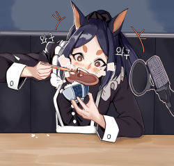 Rule 34 | 1girl, absurdres, alternate costume, alternate hairstyle, animal ears, apron, arknights, artist request, black dress, black hair, bowl, chopsticks, commentary request, dobermann (arknights), dog ears, dress, eating, enmaided, food, food on face, highres, long sleeves, maid, meat, microphone, open mouth, ponytail, pop filter, red eyes, rice, rice bowl, rice on face, solo, steak, studio microphone, thick eyebrows, waist apron, white apron
