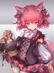 Rule 34 | &gt;:(, 1girl, absurdres, animal ear fluff, animal ears, arknights, closed mouth, collared shirt, detached sleeves, dress shirt, frown, grey background, hair between eyes, highres, holding, holding stuffed toy, knife, long sleeves, pink skirt, pleated skirt, puffy long sleeves, puffy sleeves, red eyes, red hair, shamare (arknights), shirt, skirt, solo, stuffed animal, stuffed toy, tail, trrcmb, v-shaped eyebrows, white shirt, white sleeves