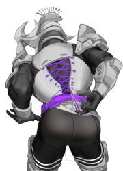 1boy arched_back armor ass back bara boop_dega character_request copyright_request corset faceless faceless_male helmet highres humanoid_robot male_focus muscular muscular_male pants partially_colored robot string thick_thighs thighs tight_clothes tight_pants tying tying_corset white_background