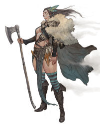 Rule 34 | 1girl, axe, battle axe, boots, breasts, cape, commentary, dagger, english commentary, facial mark, feather hair ornament, feathers, full body, fur-trimmed cape, fur trim, hair ornament, highres, holding, holding axe, knife, long hair, medium breasts, original, pelvic curtain, sheath, sheathed, shoulder plates, solo, striped clothes, striped thighhighs, tahra, thighhighs, thighhighs under boots, weapon, white background, wind