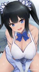 Rule 34 | 1girl, artist name, bare shoulders, black hair, blue bow, blue bowtie, blue eyes, blush, bow, bowtie, breasts, cleavage, cleavage cutout, clothing cutout, collarbone, commentary request, crying, crying with eyes open, dress, dungeon ni deai wo motomeru no wa machigatteiru darou ka, elbow gloves, gloves, hair ribbon, head tilt, hestia (danmachi), highres, jampen, large breasts, leaning forward, long hair, looking at viewer, open mouth, rei no himo, ribbon, sidelocks, sitting, sleeveless, sleeveless dress, solo, tears, thighs, twintails, twitter username, wariza, white dress, white gloves, white ribbon