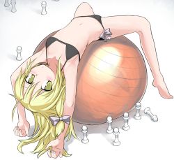 Rule 34 | 1girl, arched back, armpits, ball, barefoot, bikini, black bikini, blonde hair, blush, bow, breasts, chess piece, collarbone, commentary request, cookie (touhou), exercise ball, hair bow, kirisame marisa, long hair, miyako (naotsugu), navel, pawn (chess), simple background, small breasts, solo, spread legs, swimsuit, touhou, uzuki (cookie), white background, white bow, yellow eyes