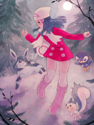 Rule 34 | 1girl, artist name, beanie, black hair, blush, boots, closed mouth, coat, commentary, creatures (company), dawn (pokemon), english commentary, eyelashes, floating hair, game freak, gen 4 pokemon, glaceon, hair ornament, hairclip, hat, long hair, long sleeves, looking down, miyaulait, nintendo, outdoors, over-kneehighs, pachirisu, pigeon-toed, pink coat, pink footwear, piplup, pokemon, pokemon (creature), pokemon dppt, pokemon platinum, standing, thighhighs, tree, watermark, white headwear, white thighhighs