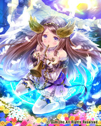 Rule 34 | 1girl, blue footwear, blush, boots, breasts, brown hair, chain, company name, feathered wings, feathers, flower, fur boots, fur trim, hairband, hanekoto, head wings, instrument, large breasts, long hair, pillar, purple eyes, sitting, solo, thighhighs, wariza, wings