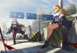 Rule 34 | 2girls, animal ears, ankle boots, arknights, bare legs, bare shoulders, black choker, black footwear, black jacket, black legwear, black skirt, blonde hair, blue sky, boots, breasts, character request, choker, commentary, day, english commentary, great lungmen logo, highres, jacket, large breasts, lion ears, long hair, miniskirt, mkt (pixiv15187870), multiple girls, off shoulder, open clothes, open jacket, outdoors, pantyhose, red shorts, shirt, shoes, short shorts, shorts, siege (arknights), sitting, skirt, sky, tank top, white shirt, white tank top, yellow eyes