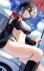 Rule 34 | 1girl, azur lane, bikini, black bikini, black choker, black footwear, black hair, black jacket, blue hair, blue sky, boots, breasts, car, choker, cleavage, cloud, commentary request, cowboy shot, criss-cross halter, cropped jacket, cross, day, dutch angle, ear piercing, flag, gradient hair, hair between eyes, halterneck, highres, holding, holding flag, horns, jacket, knee boots, large breasts, long sleeves, looking at viewer, mechanical horns, motor vehicle, multicolored hair, nail polish, navel, navel piercing, official alternate costume, open clothes, open jacket, outdoors, parted lips, piercing, race queen, red horns, red nails, short hair, sidelocks, sitting, sitting on car, sky, smile, solo, stomach, swimsuit, tako-san wiener (takosanuma), ulrich von hutten (azur lane), ulrich von hutten (ignition matrician) (azur lane), white hair, yellow eyes