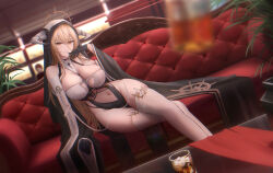 Rule 34 | 1girl, absurdres, azur lane, between breasts, black gloves, blonde hair, blurry, breasts, cleavage, clothing cutout, couch, crossed legs, depth of field, detached sleeves, gloves, hair between eyes, hand to own mouth, highres, horns, implacable (azur lane), large breasts, long hair, navel, navel cutout, nun, on couch, ressec, sitting, thighhighs, thighs, veil, white horns, white thighhighs, yellow eyes
