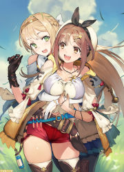 Rule 34 | 2girls, :d, arm between breasts, atelier (series), atelier ryza, atelier ryza 1, belt, between breasts, black gloves, blonde hair, blue skirt, blush, braid, breasts, brown eyes, brown hair, cleavage, cowboy shot, flask, gloves, grass, green eyes, hair ornament, hairband, hairclip, hat, hug, hug from behind, jewelry, klaudia valentz, large breasts, long hair, looking at another, multiple girls, navel, necklace, official art, open mouth, pantyhose, partially fingerless gloves, red shorts, reisalin stout, round-bottom flask, short shorts, shorts, single glove, skindentation, skirt, smile, star (symbol), star necklace, thighhighs, thighs, toridamono, vial, white gloves, white headwear, white legwear, wind, yuri