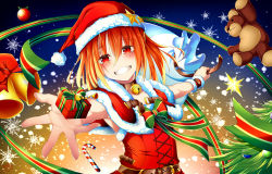 Rule 34 | 1girl, bell, belt, blush, bow, brown belt, candy, christmas, collar, commentary request, food, fur trim, gift, green bow, hair between eyes, hat, highres, holding, kana616, long hair, looking at viewer, neck bell, orange eyes, orange hair, original, red bow, sack, santa costume, santa hat, solo, spanish commentary, star (symbol), stuffed animal, stuffed toy, teddy bear, teeth