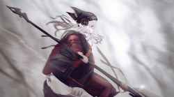 Rule 34 | absurdres, animal ears, arknights, axe, beanie, belt buckle, black skirt, blurry, blurry background, buckle, coat, ears through headwear, elbow pads, fighting, focused, fox ears, fox girl, fox tail, from side, frostleaf (arknights), grey background, grey shirt, hat, headphones, highres, holding, holding axe, holding polearm, holding weapon, miniskirt, motion blur, motion lines, nail polish, off-shoulder shirt, off shoulder, pantyhose, parted lips, polearm, red coat, red eyes, red nails, red pantyhose, sawatani ( swt2), serious, shaded face, shirt, skirt, strap, tail, weapon, white hair, wind, wind lift, zipper