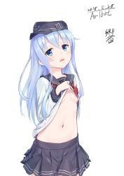 Rule 34 | 1girl, 2018, anchor hat ornament, artist name, black hat, black sailor collar, black skirt, blue eyes, blue hair, blush, breasts, character name, clothes lift, collared shirt, commentary request, cowboy shot, dated, hair between eyes, hat, hat ornament, hibiki (kancolle), highres, kantai collection, lifted by self, long hair, long sleeves, looking at viewer, midriff, miniskirt, navel, neckerchief, open mouth, pleated skirt, red neckerchief, sailor collar, sailor shirt, shirt, shirt lift, signature, simple background, skirt, small breasts, solo, standing, stomach, straight hair, traveler (artbbt), underboob, very long hair, white background, white shirt