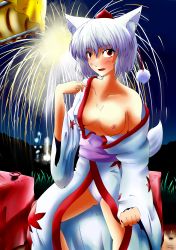 Rule 34 | 1girl, :d, absurdres, alcohol, animal ears, bare shoulders, blush, breasts, canister, collarbone, fang, hat, highres, inubashiri momiji, japanese clothes, kimono, kouno ibuki, looking at viewer, nipples, open clothes, open mouth, outdoors, panties, pantyshot, partially undressed, pom pom (clothes), red eyes, sake, short hair, silver hair, smile, solo, tail, tokin hat, touhou, underwear, white panties, wolf ears, wolf tail, yukata