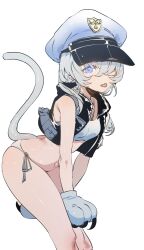 Rule 34 | 1girl, :p, animal hands, bare legs, bikini, black jacket, blue archive, blue bikini, blue eyes, cat paws, cat tail, ddari, gloves, hair between eyes, hair over one eye, hat, highres, jacket, looking at viewer, navel, revision, side-tie bikini bottom, sidelocks, simple background, sleeveless, sleeveless jacket, smile, solo, standing, swimsuit, tail, thighs, tongue, tongue out, valkyrie police academy student (blue archive), valkyrie police academy student (sg) (blue archive), white background, white hat