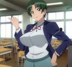 Rule 34 | 1girl, breasts, female focus, green eyes, green hair, highres, large breasts, looking at viewer, matching hair/eyes, momokino yuu, screencap, short hair, smile, solo, standing, stitched, third-party edit, triage x
